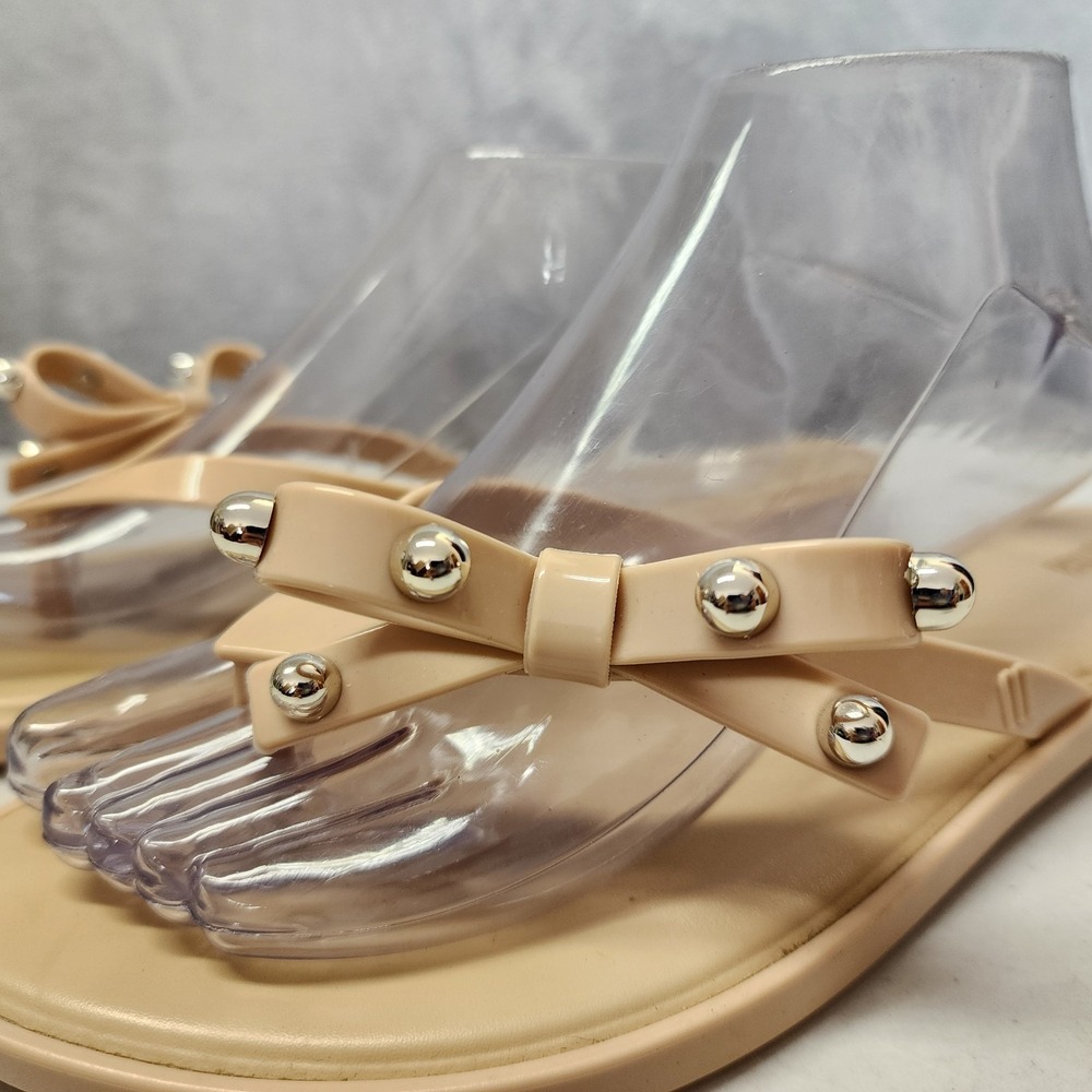 Melissa Sandals Womens Size 10 Slim Li Flip Flops Tan Silver Beaded Bow Thong - Picture 3 of 11